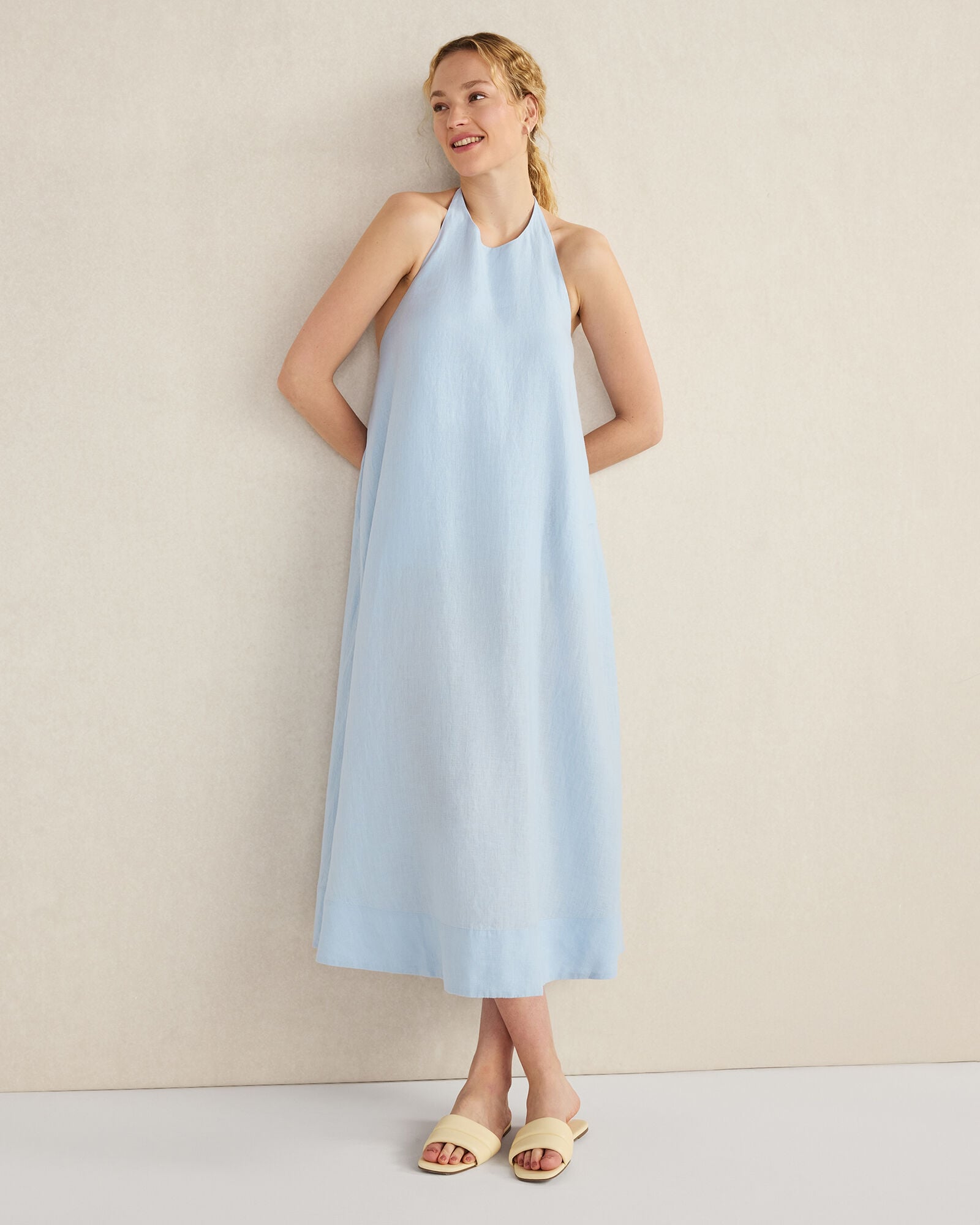 OATMEAL CROSS DYE|WIND LINEN HALTER MIDI DRESS | Talbots online
