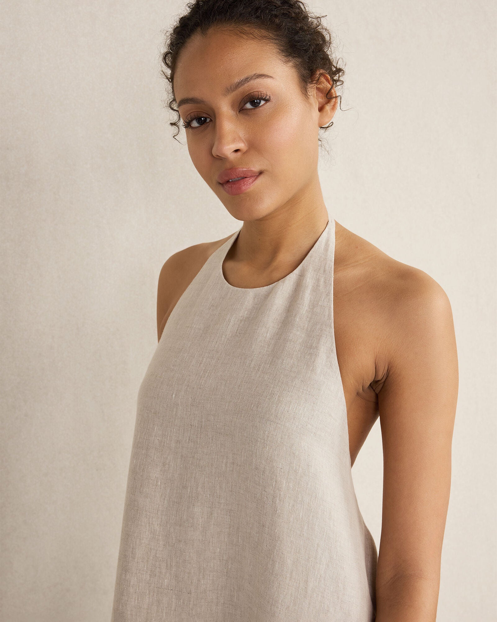 OATMEAL CROSS DYE|WIND LINEN HALTER MIDI DRESS | Talbots online
