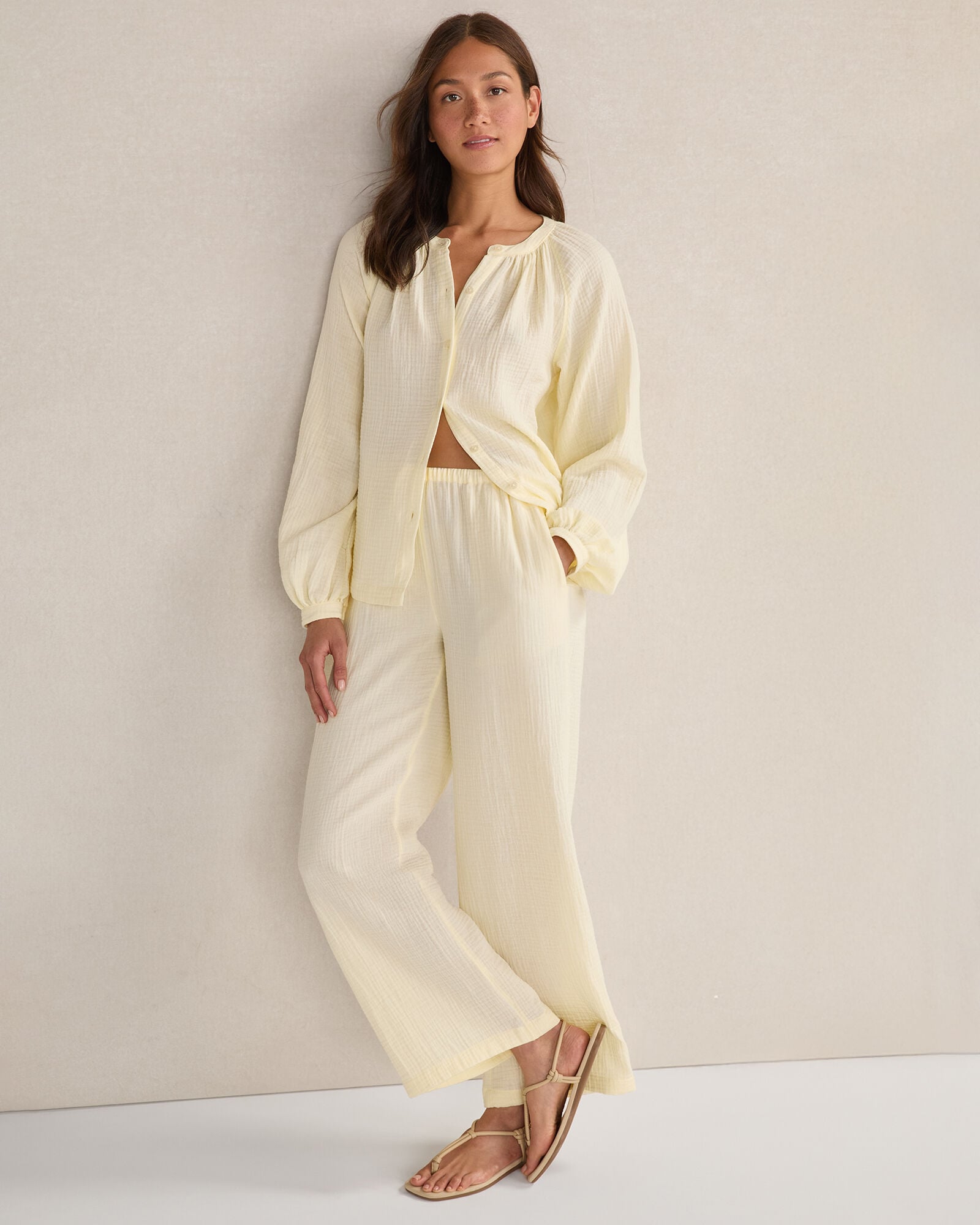 CORTADO|PEAR SORBET|WHITE ORGANIC COTTON GAUZE STRAIGHT LEG PANTS | Talbots outlet
