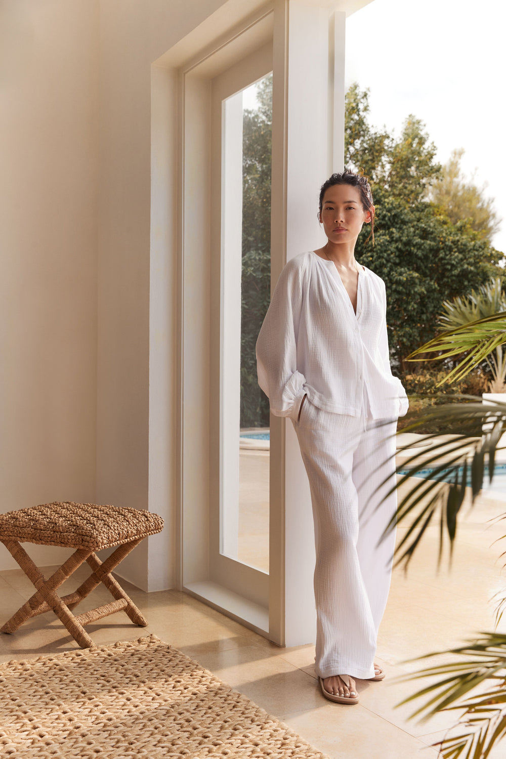 CORTADO|PEAR SORBET|WHITE ORGANIC COTTON GAUZE STRAIGHT LEG PANTS | Talbots outlet