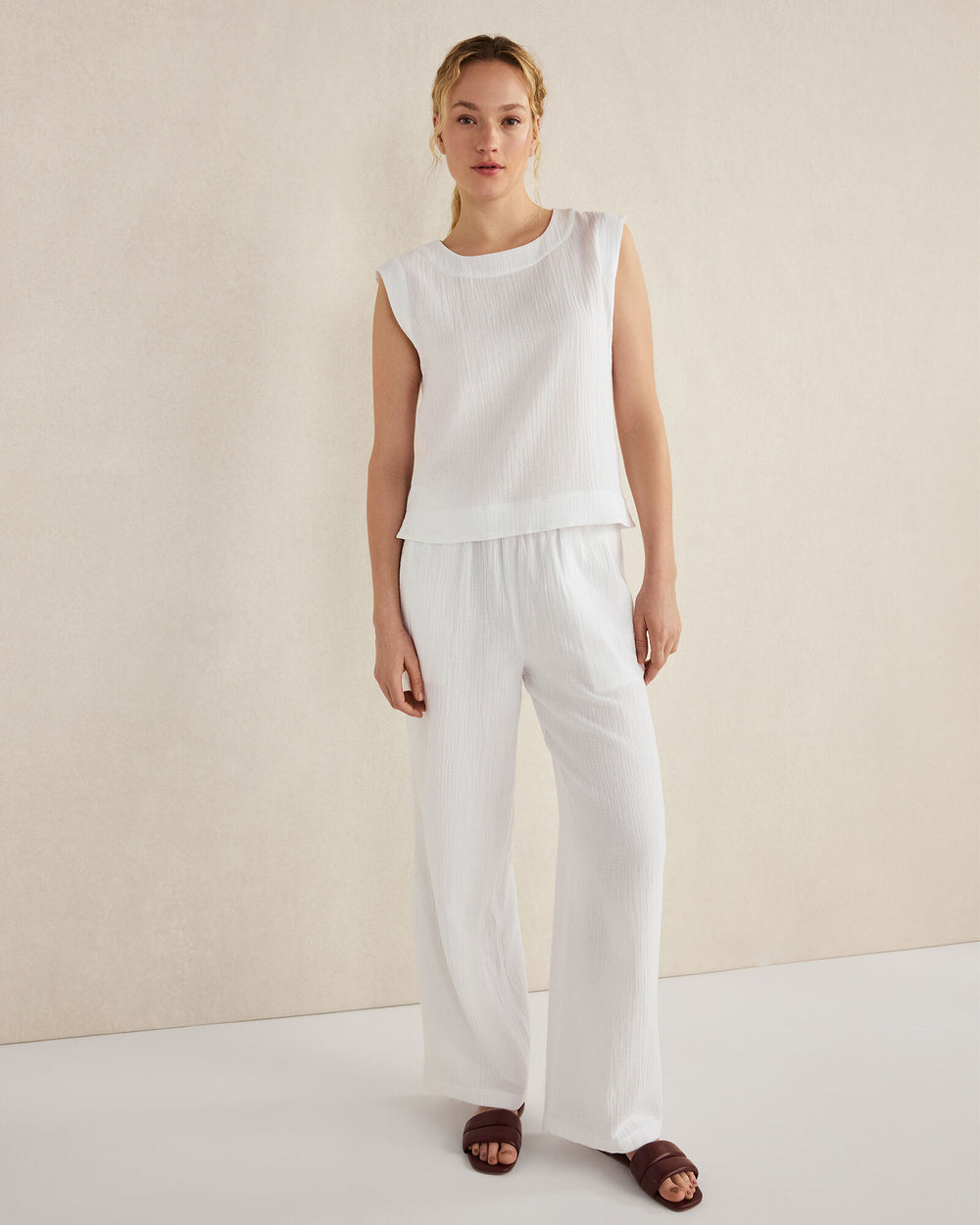 CORTADO|PEAR SORBET|WHITE ORGANIC COTTON GAUZE STRAIGHT LEG PANTS | Talbots outlet