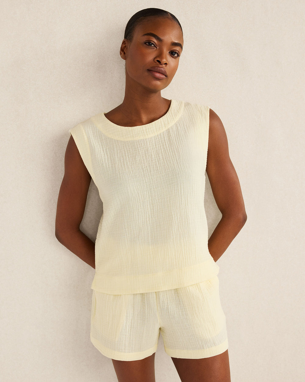 PEAR SORBET|VETIVER|WHITE ORGANIC COTTON GAUZE TANK TOP | Talbots outlet