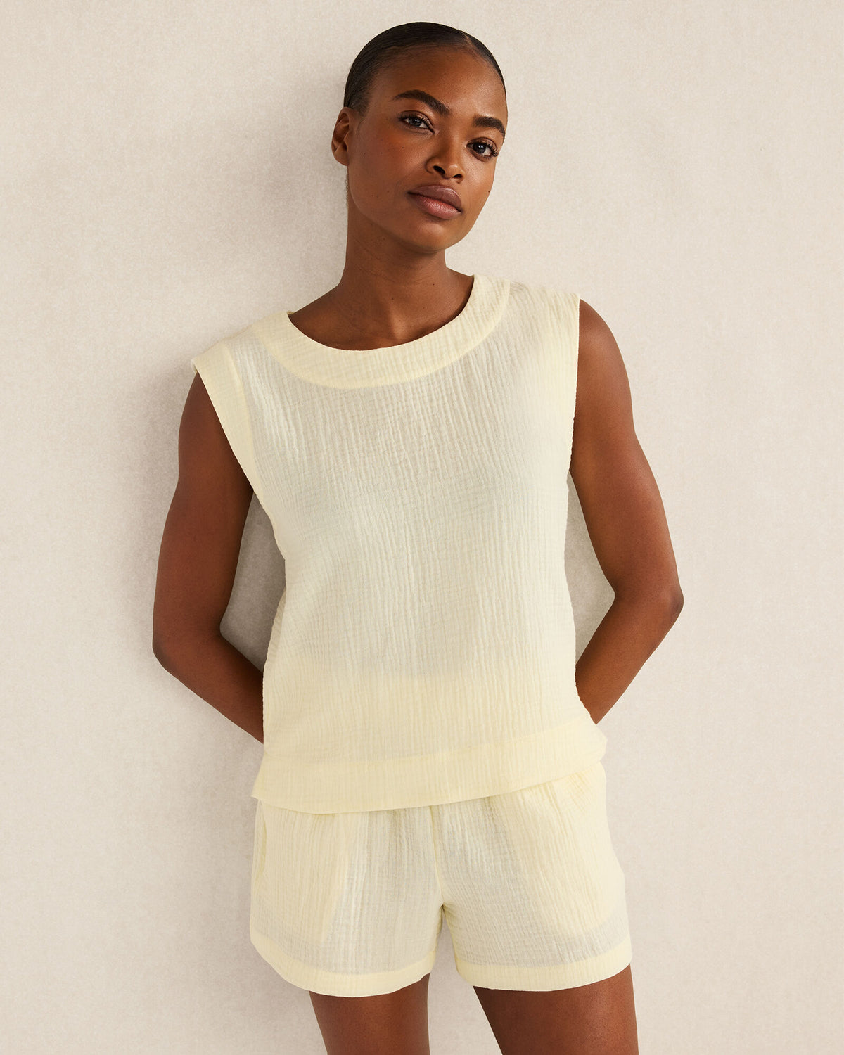 PEAR SORBET|VETIVER|WHITE ORGANIC COTTON GAUZE TANK TOP | Talbots outlet