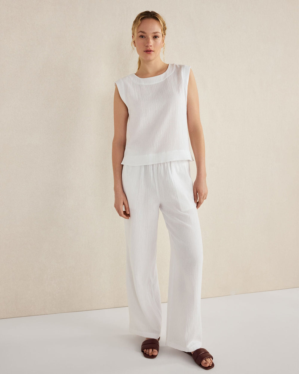 PEAR SORBET|VETIVER|WHITE ORGANIC COTTON GAUZE TANK TOP | Talbots outlet