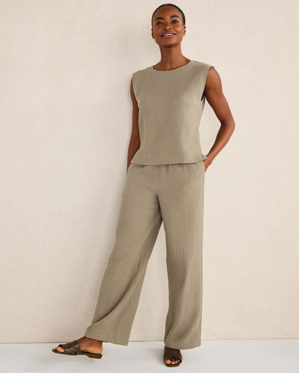 PEAR SORBET|VETIVER|WHITE ORGANIC COTTON GAUZE TANK TOP | Talbots for sale