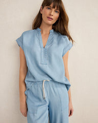 CHAMBRAY SKY WASH CHAMBRAY SHORT SLEEVE V-NECK TOP | Talbots US