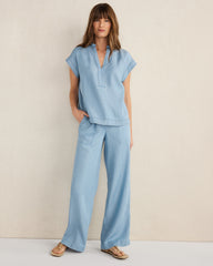 CHAMBRAY SKY WASH CHAMBRAY SHORT SLEEVE V-NECK TOP | Talbots US