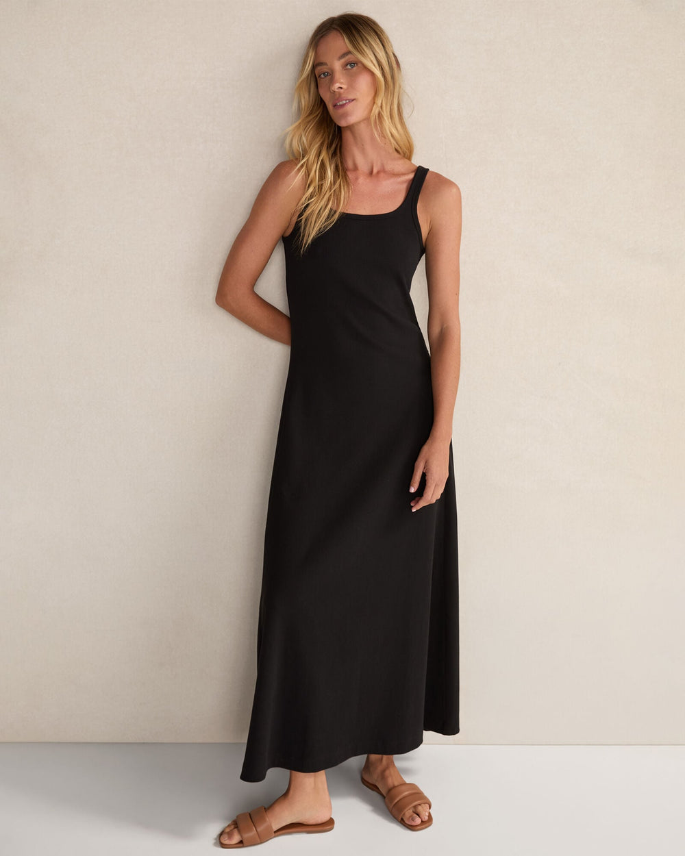 BLACK|LT STONE ORGANIC COTTON RIB KNIT MAXI DRESS | Talbots sale