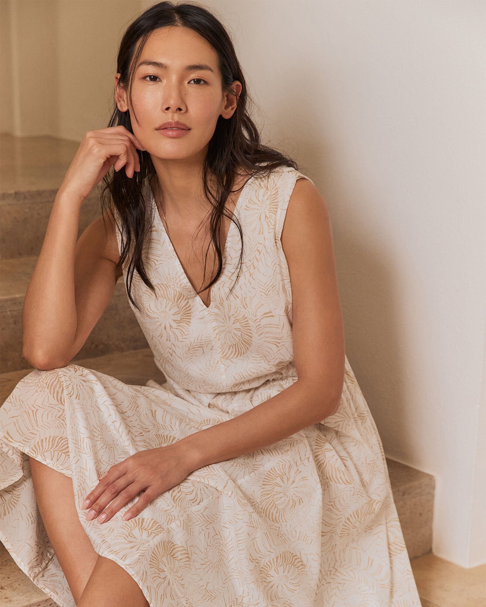 CORTADO MULTI SHELLS COTTON VOILE BLEND SHELL MIDI DRESS | Talbots outlet