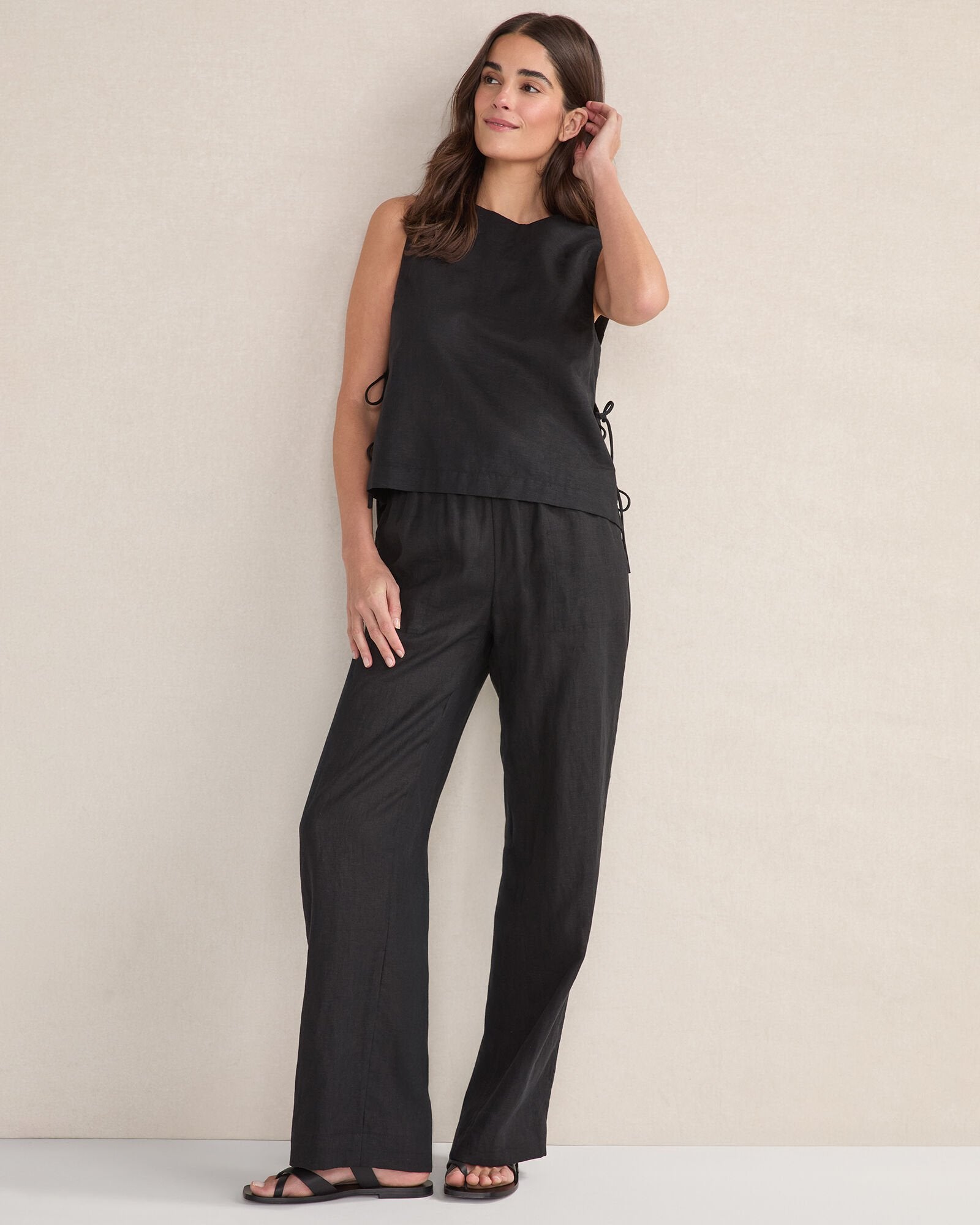 BLACK ORGANIC COTTON LINEN SIDE TIE TANK | Talbots online