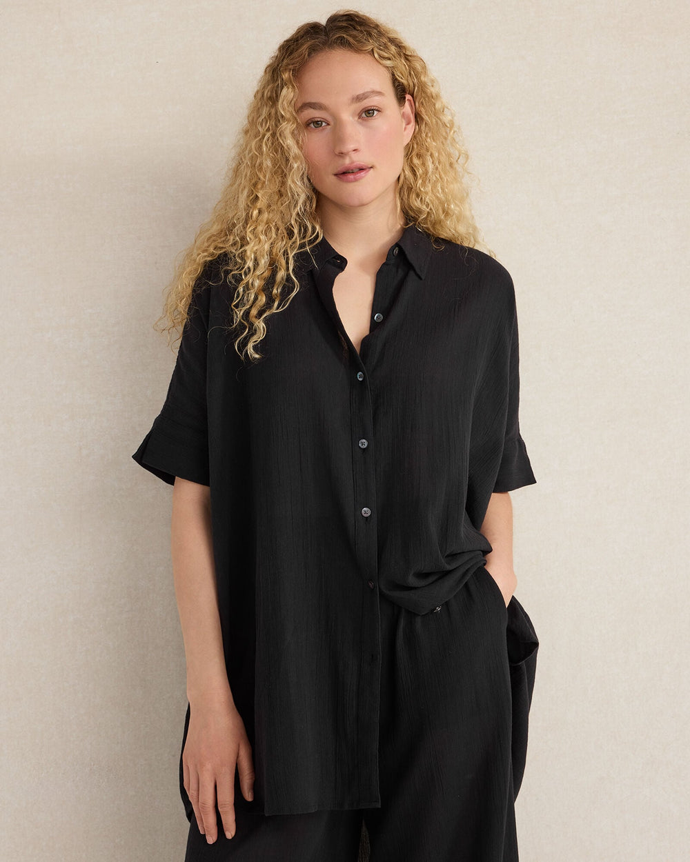 BLACK ORGANIC COTTON CRINKLE GAUZE BUTTON DOWN | Talbots for sale