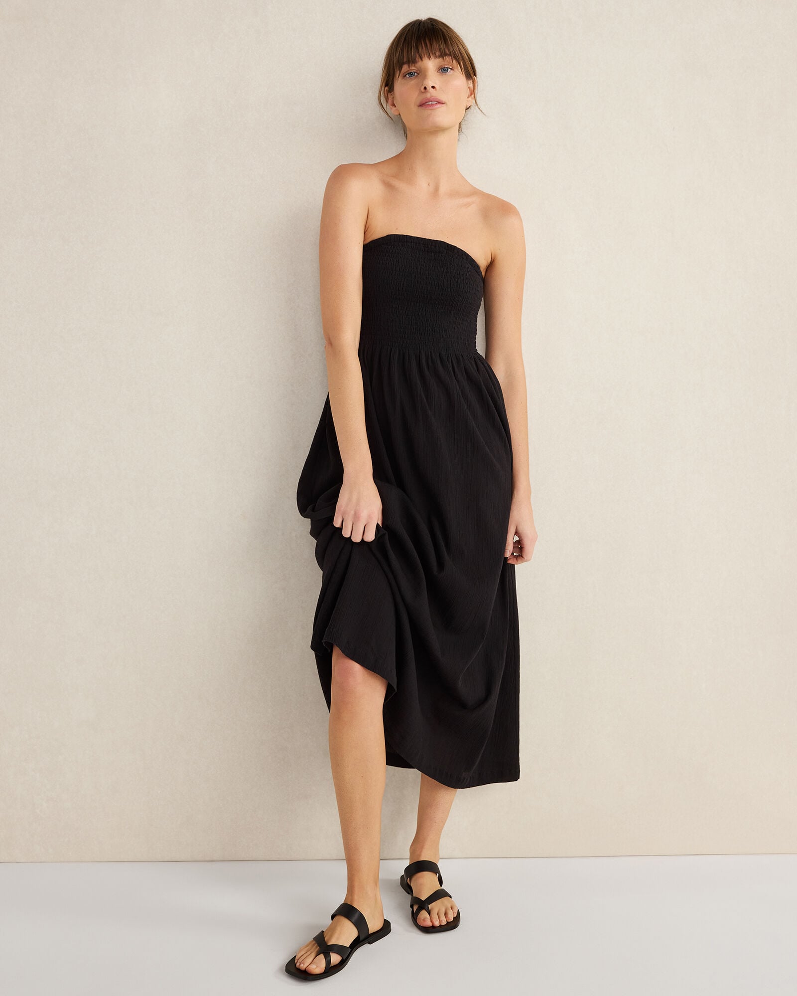 BLACK|HAZE ORGANIC COTTON CRINKLE GAUZE STRAPLESS DRESS | Talbots online