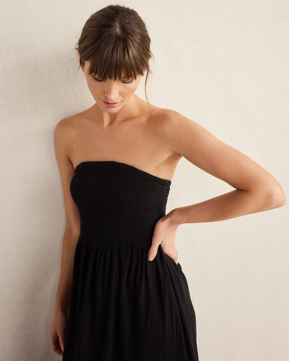 BLACK|HAZE ORGANIC COTTON CRINKLE GAUZE STRAPLESS DRESS | Talbots online