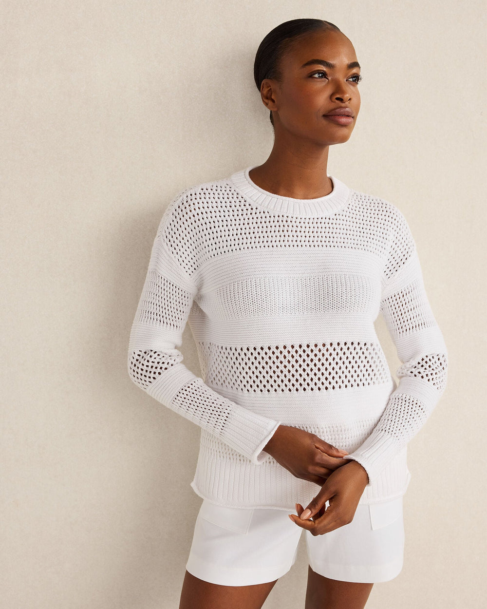 TWILIGHT|WHITE|WIND ORGANIC COTTON OPEN STITCH CREWNECK SWEATER | Talbots sale