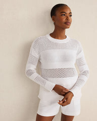 TWILIGHT|WHITE|WIND ORGANIC COTTON OPEN STITCH CREWNECK SWEATER | Talbots sale