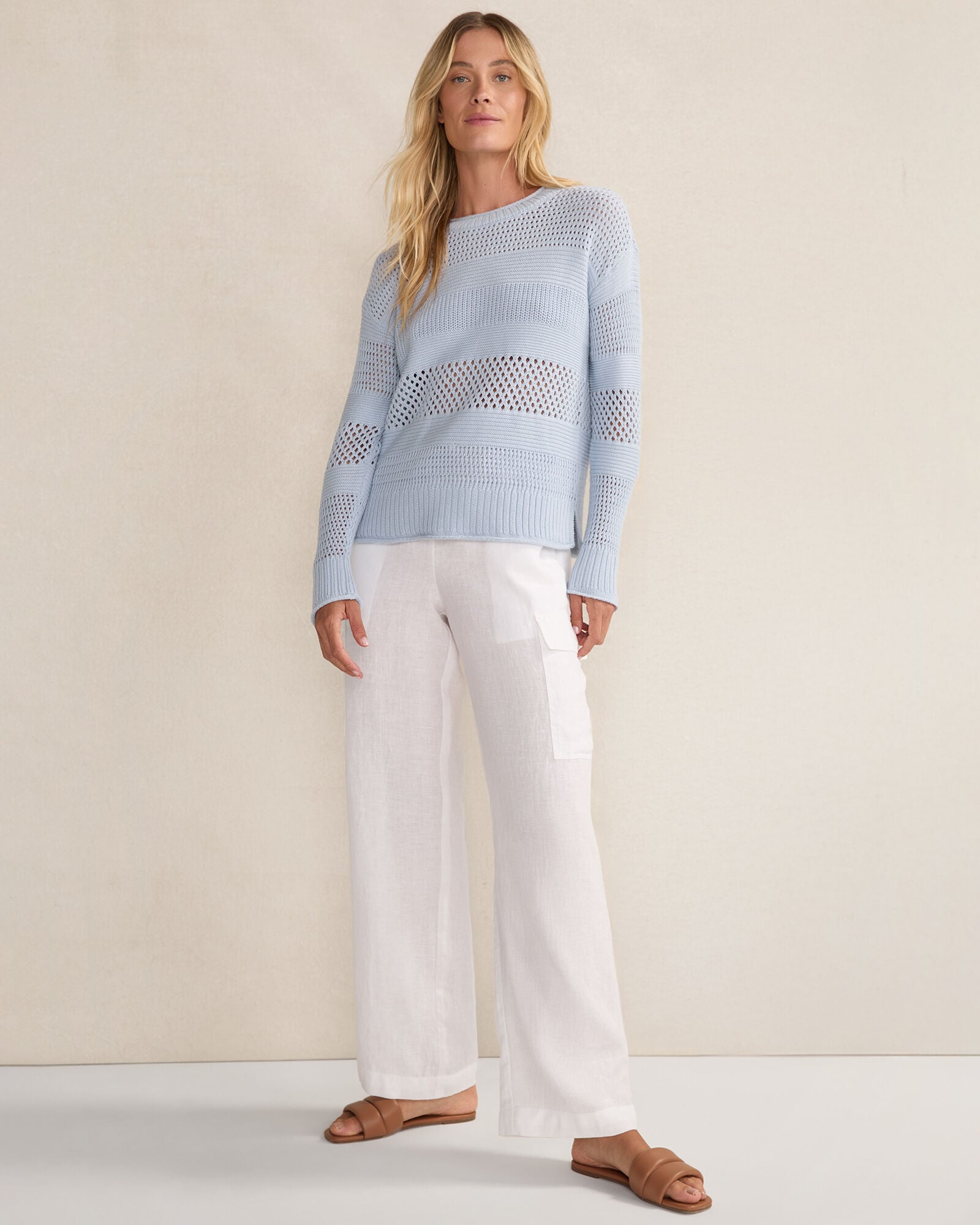 TWILIGHT|WHITE|WIND ORGANIC COTTON OPEN STITCH CREWNECK SWEATER | Talbots sale