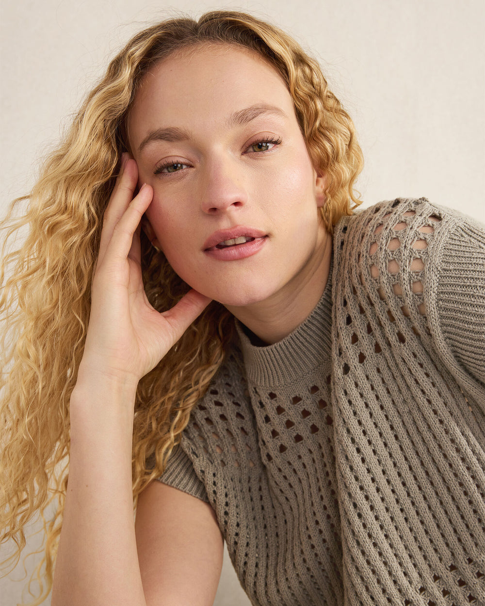 IVORY|WOODSMOKE ORGANIC COTTON OPEN STITCH SHORT SLEEVE SWEATER | Talbots discount
