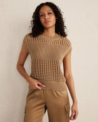 IVORY|WOODSMOKE ORGANIC COTTON OPEN STITCH SHORT SLEEVE SWEATER | Talbots discount