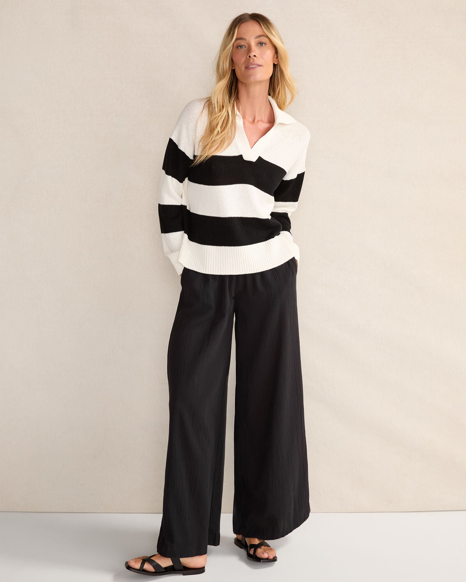 IVORY/LIGHT STONE|IVORY/PEAR SORBET ORGANIC COTTON LINEN STRIPE JOHNNY COLLAR SWEATER | Talbots outlet