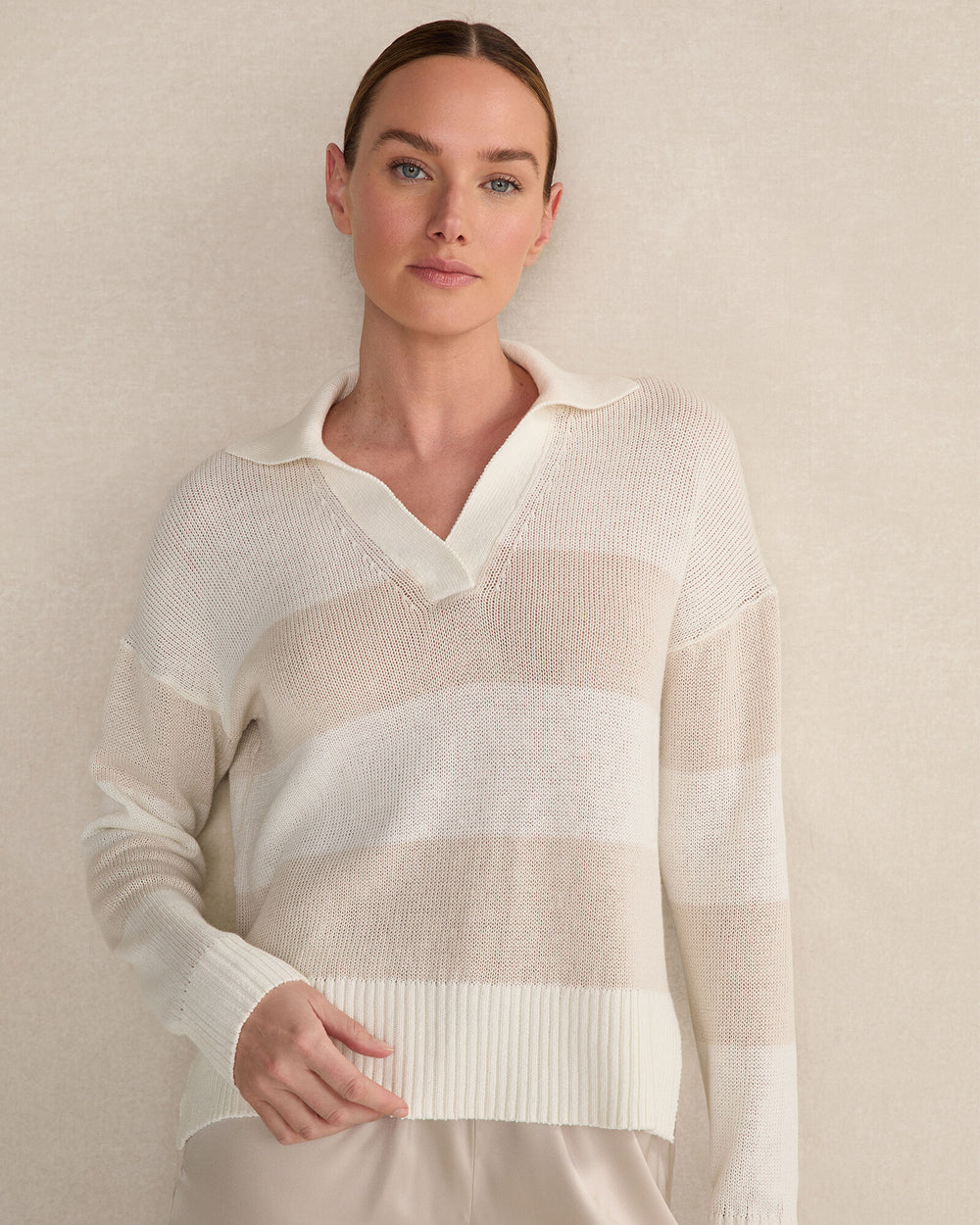IVORY/LIGHT STONE|IVORY/PEAR SORBET ORGANIC COTTON LINEN STRIPE JOHNNY COLLAR SWEATER | Talbots outlet