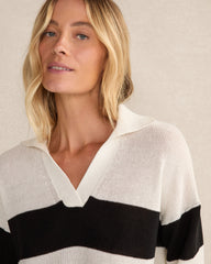 IVORY/LIGHT STONE|IVORY/PEAR SORBET ORGANIC COTTON LINEN STRIPE JOHNNY COLLAR SWEATER | Talbots outlet