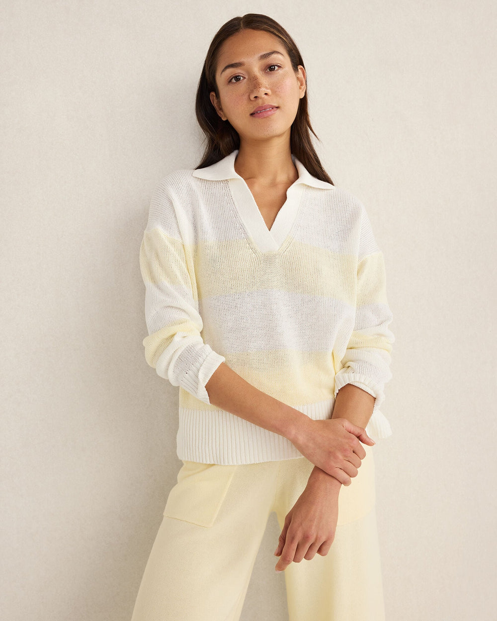 IVORY/LIGHT STONE|IVORY/PEAR SORBET ORGANIC COTTON LINEN STRIPE JOHNNY COLLAR SWEATER | Talbots online
