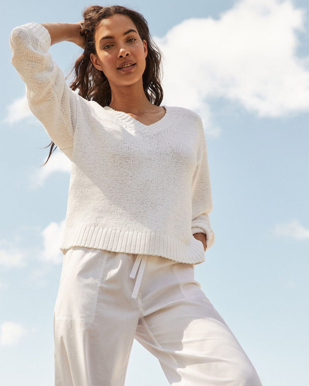 GARNET|WHITE ORGANIC COTTON FLAT TAPE V-NECK SWEATER | Talbots for sale