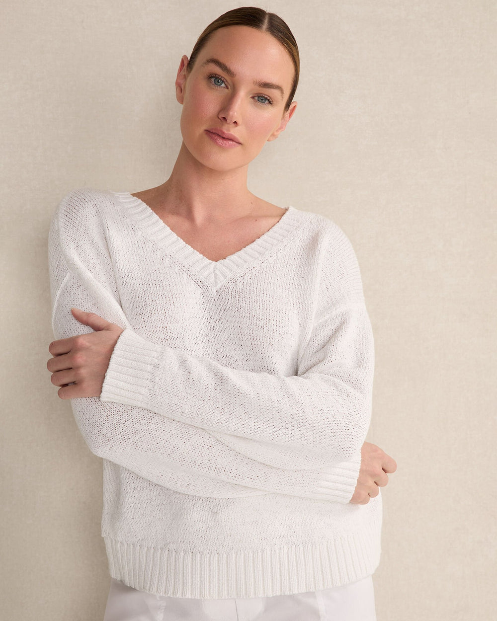 GARNET|WHITE ORGANIC COTTON FLAT TAPE V-NECK SWEATER | Talbots near me