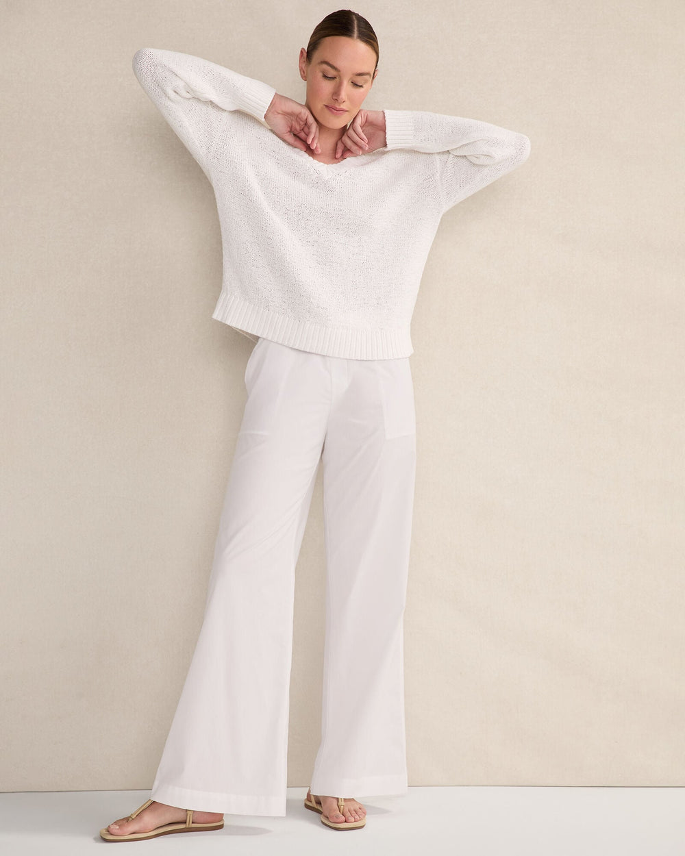 GARNET|WHITE ORGANIC COTTON FLAT TAPE V-NECK SWEATER | Talbots for sale