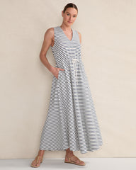 IVORY/INDIGO COTTON BLEND TEXTURED STRIPE MIDI DRESS | Talbots sale