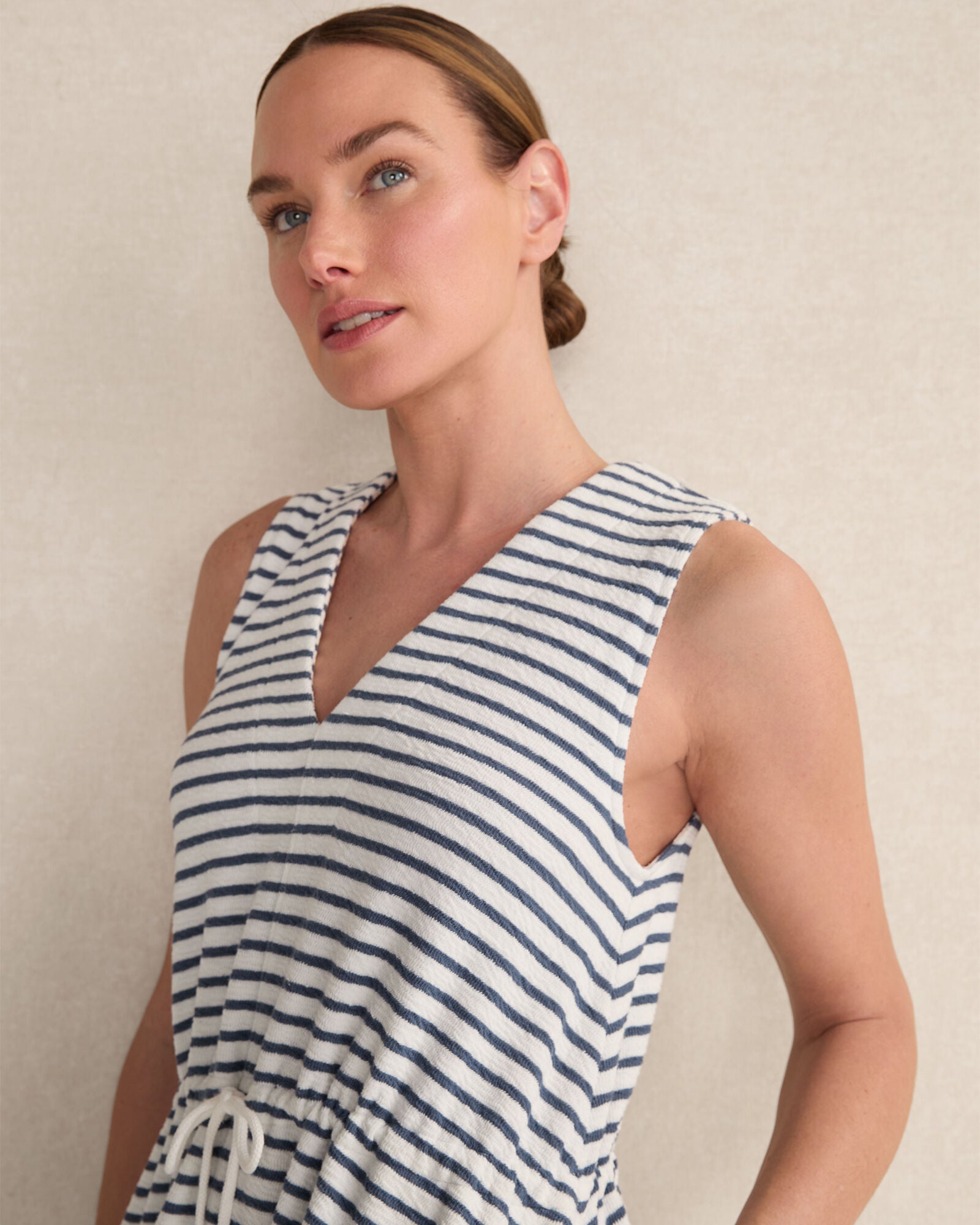 IVORY/INDIGO COTTON BLEND TEXTURED STRIPE MIDI DRESS | Talbots sale