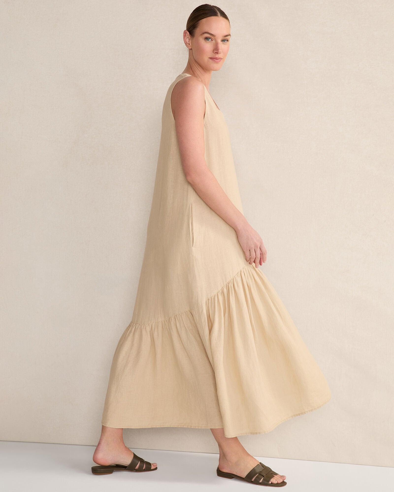 CORTADO|SIENNA LINEN V-NECK TIERED MIDI DRESS | Talbots near me