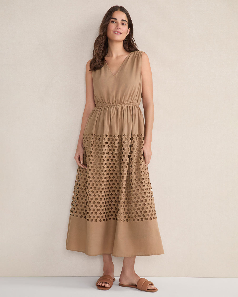 WHITE|WOODSMOKE ORGANIC COTTON HONEYCOMB EYELET MIDI DRESS | Talbots discount