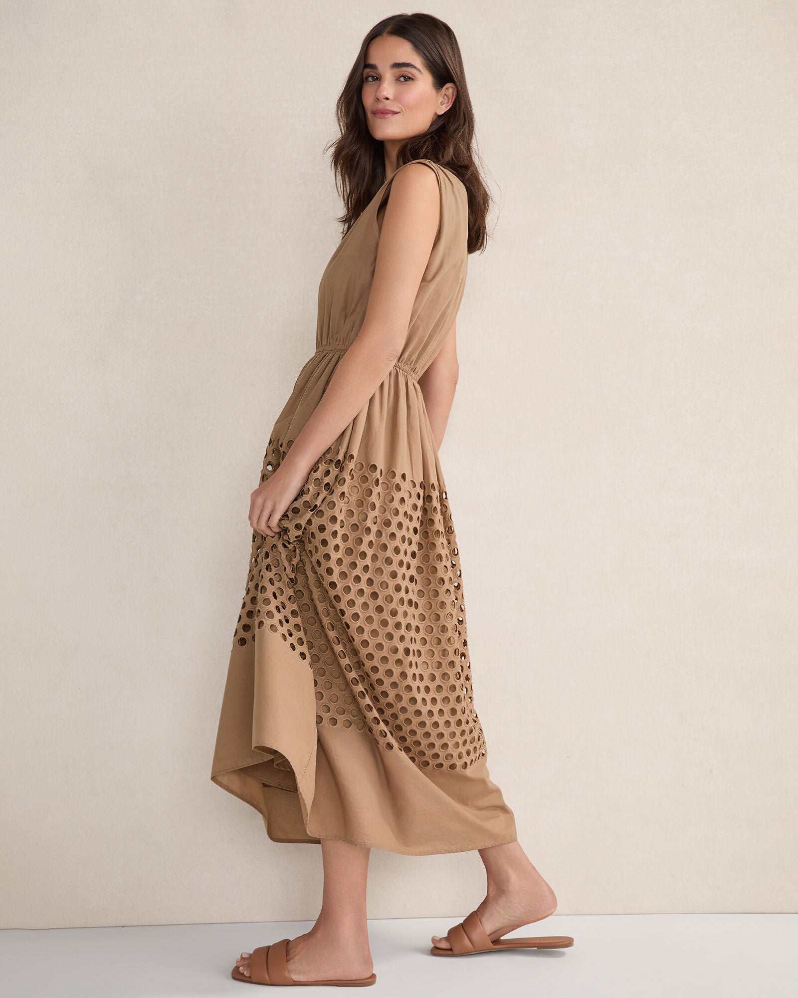 WHITE|WOODSMOKE ORGANIC COTTON HONEYCOMB EYELET MIDI DRESS | Talbots discount