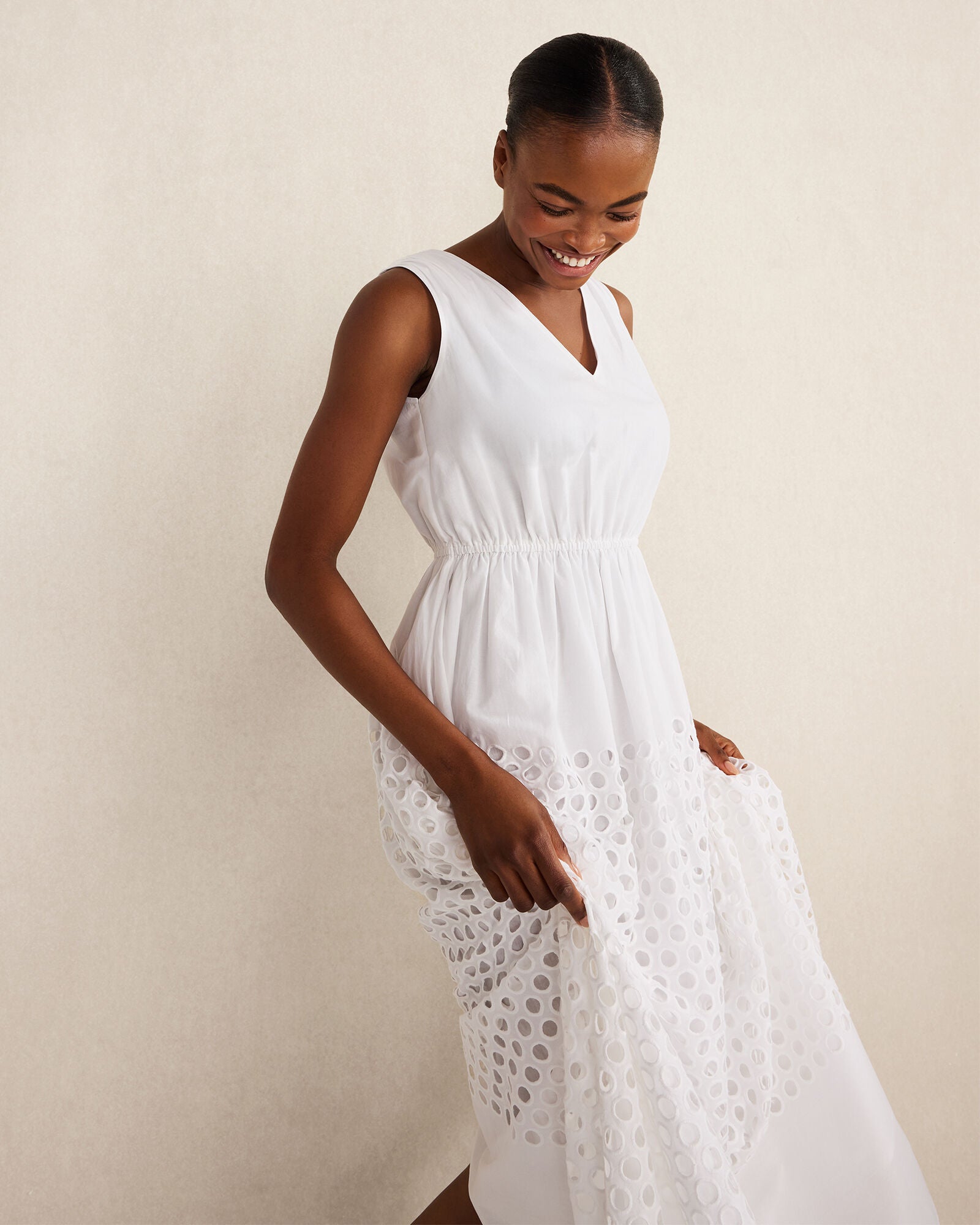 WHITE|WOODSMOKE ORGANIC COTTON HONEYCOMB EYELET MIDI DRESS | Talbots discount