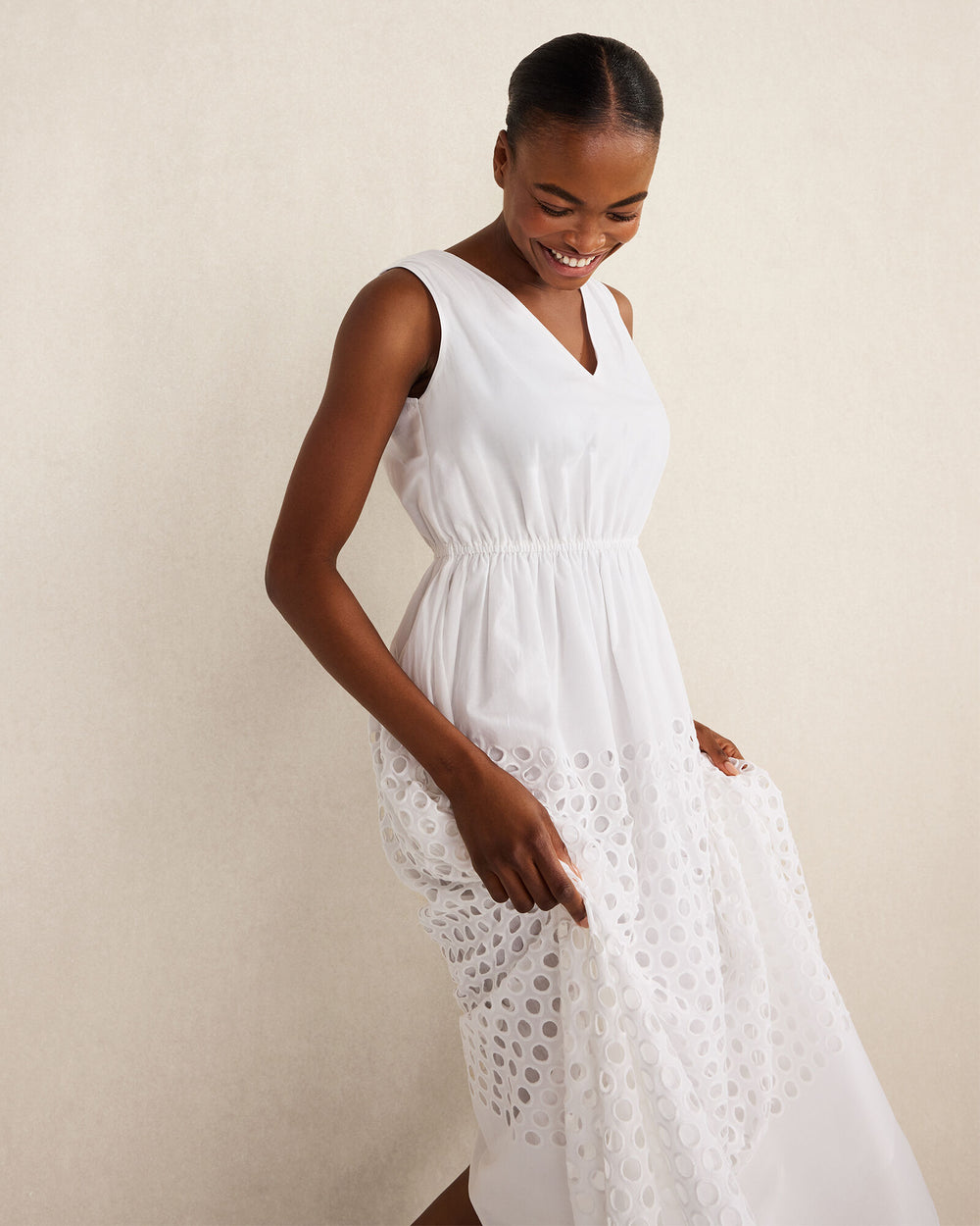 WHITE|WOODSMOKE ORGANIC COTTON HONEYCOMB EYELET MIDI DRESS | Talbots discount