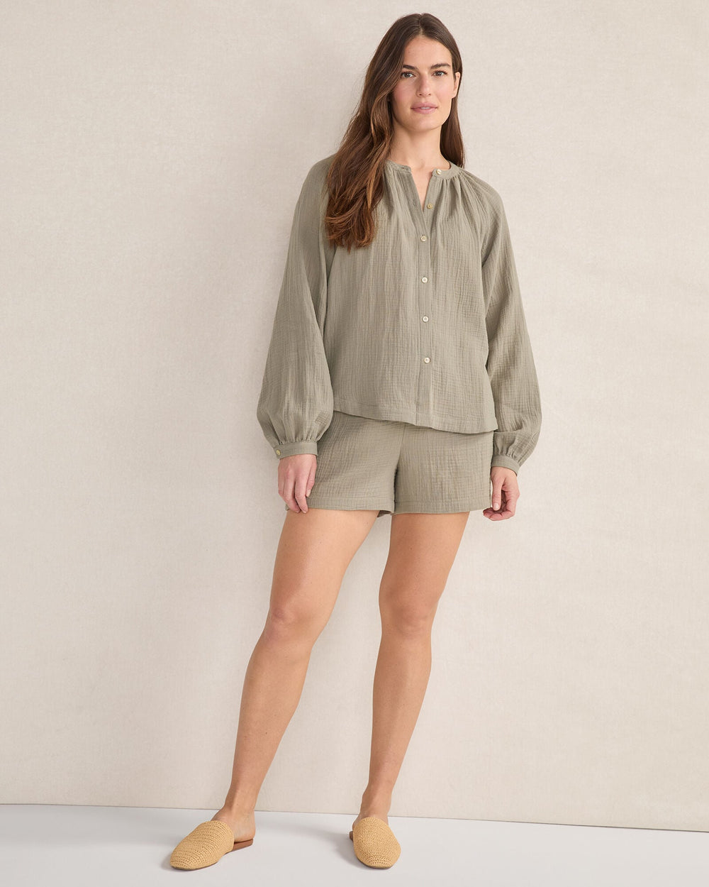 CORTADO|VETIVER|WHITE ORGANIC COTTON GAUZE LONG SLEEVE TOP | Talbots discount