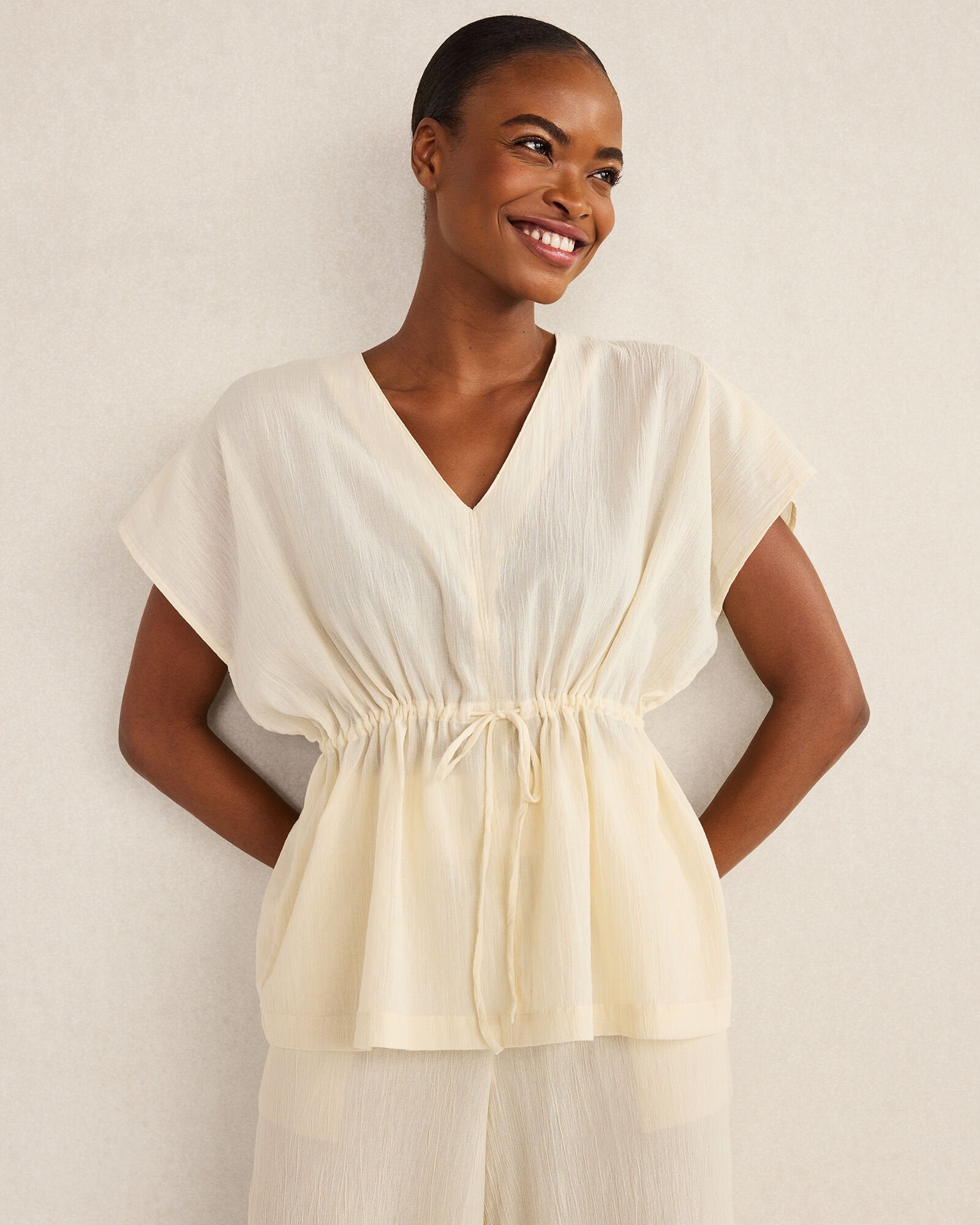 HAZE ORGANIC COTTON CRINKLE GAUZE FLUTTER SLEEVE TOP | Talbots on sale