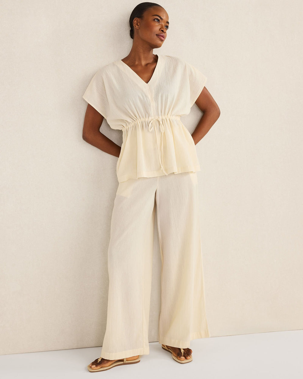 HAZE ORGANIC COTTON CRINKLE GAUZE FLUTTER SLEEVE TOP | Talbots outlet