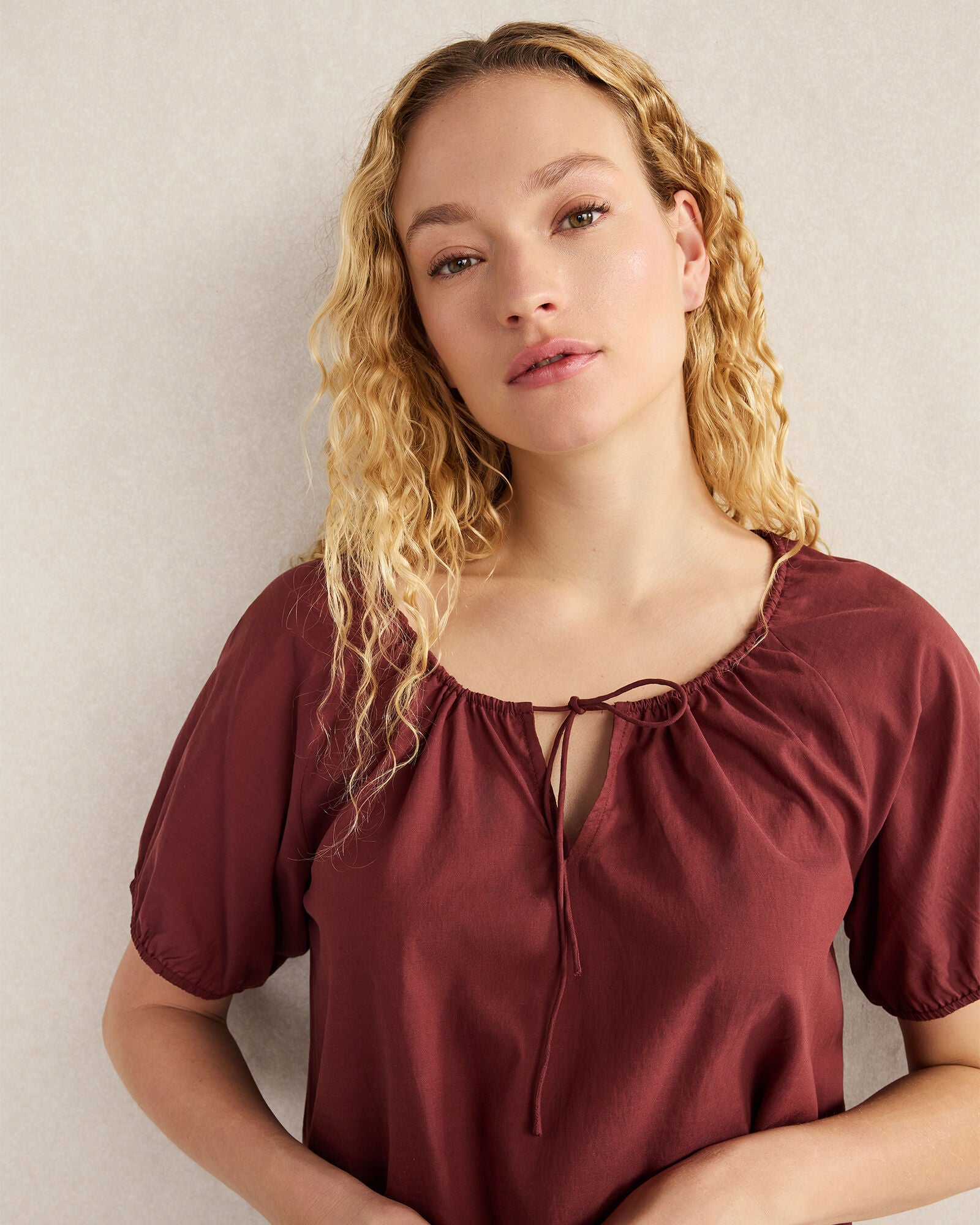 GARNET COTTON VOILE BLEND GATHERED SCOOP NECK TOP | Talbots for sale