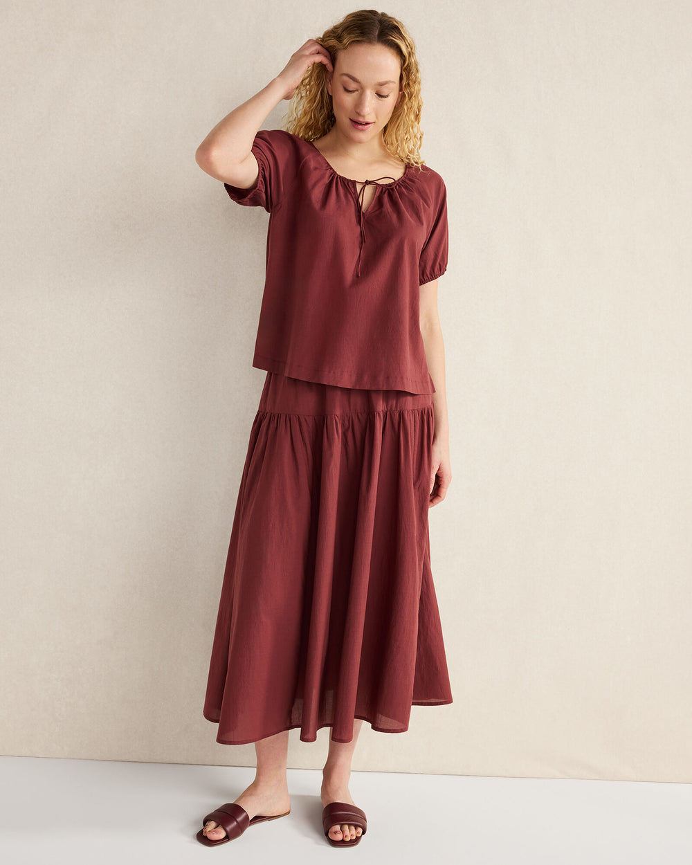 GARNET COTTON VOILE BLEND GATHERED SCOOP NECK TOP | Talbots for sale