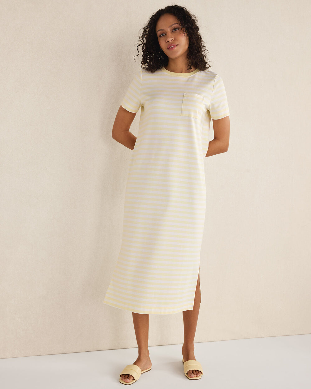 CORTADO/IVORY|WIND/WHITE|PEAR SORBET/WHITE ORGANIC COTTON INTERLOCK STRIPE T-SHIRT DRESS | Talbots on sale