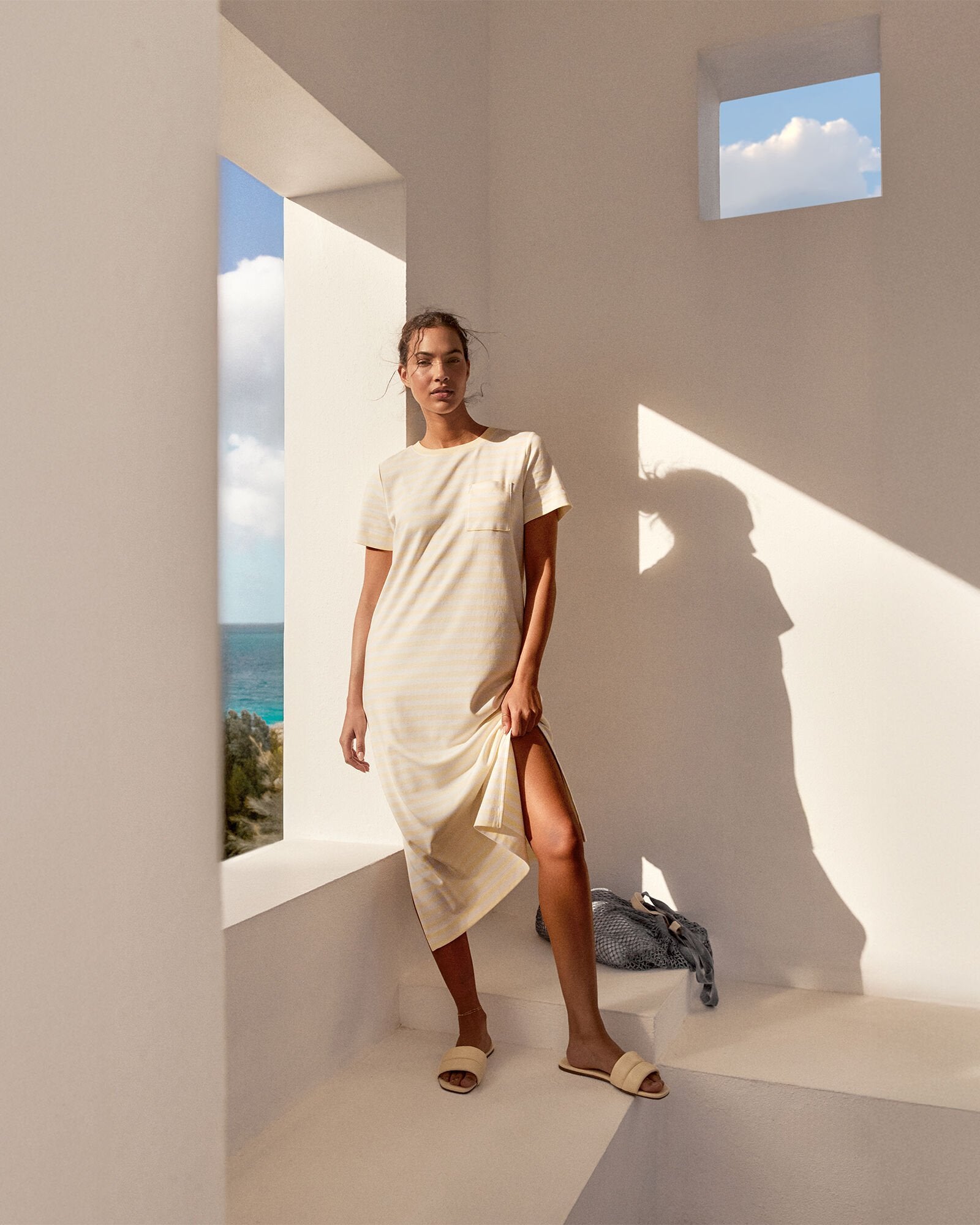 CORTADO/IVORY|WIND/WHITE|PEAR SORBET/WHITE ORGANIC COTTON INTERLOCK STRIPE T-SHIRT DRESS | Talbots on sale