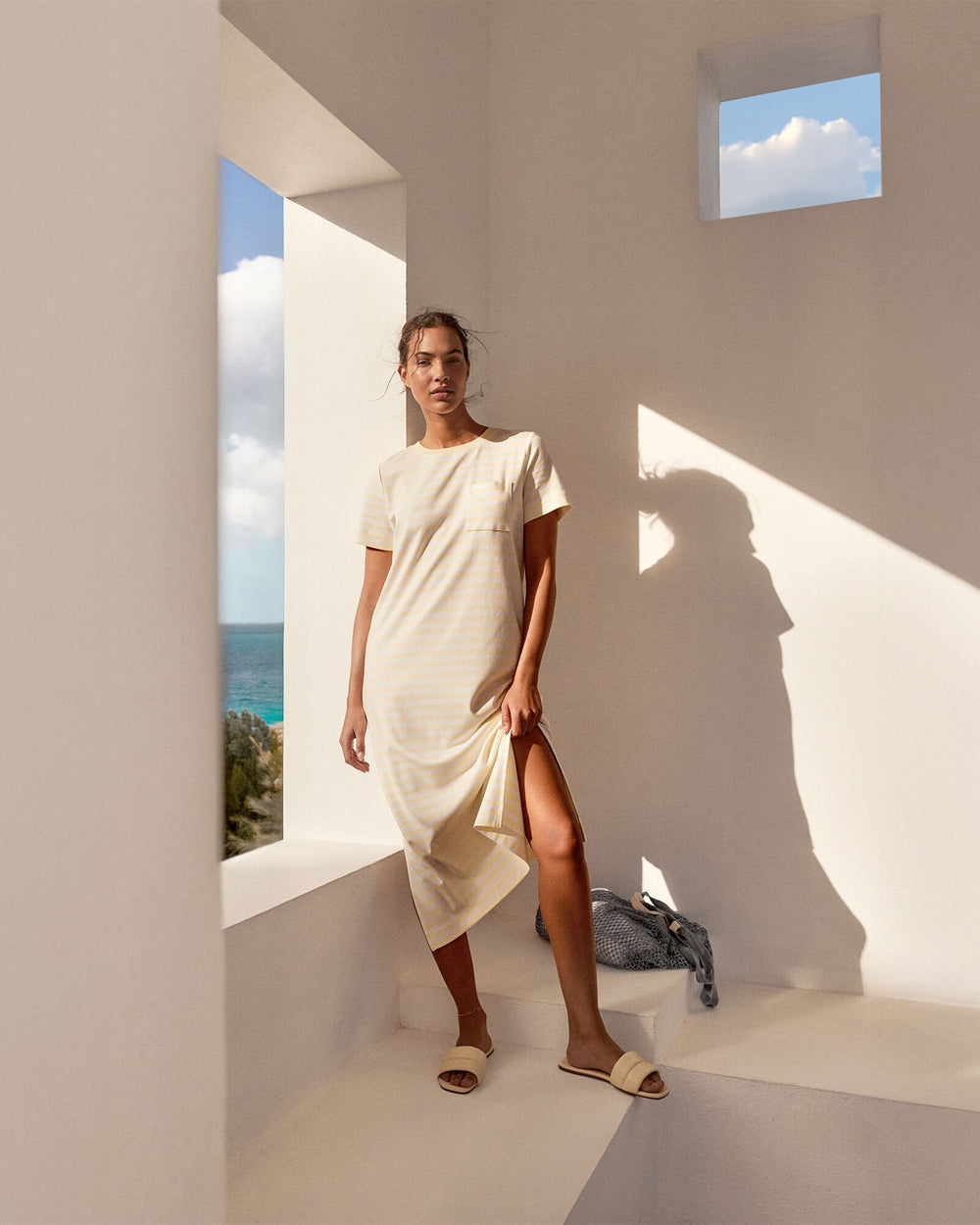 CORTADO/IVORY|WIND/WHITE|PEAR SORBET/WHITE ORGANIC COTTON INTERLOCK STRIPE T-SHIRT DRESS | Talbots on sale