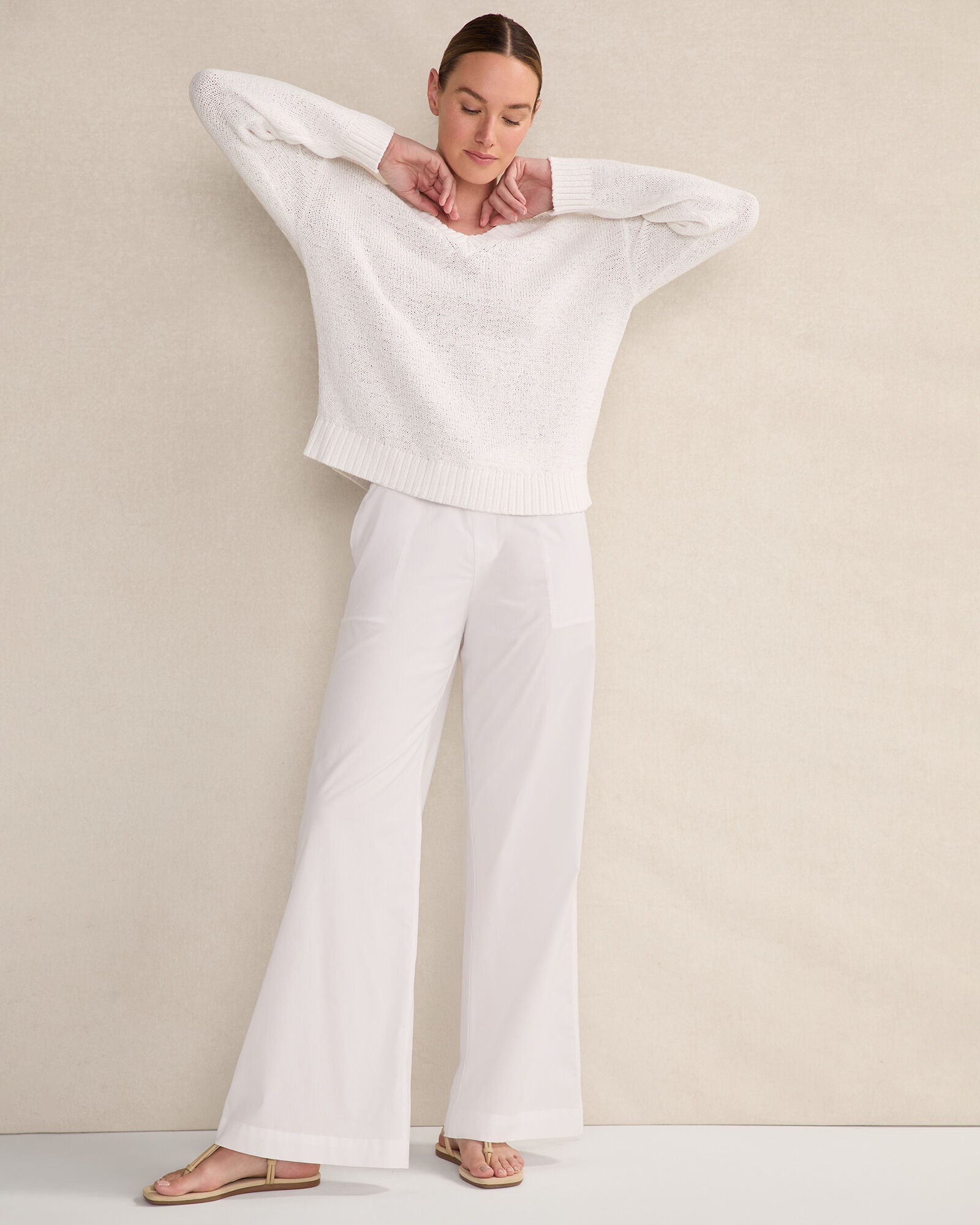 WHITE ORGANIC COTTON POPLIN WIDE LEG PANTS | Talbots discount