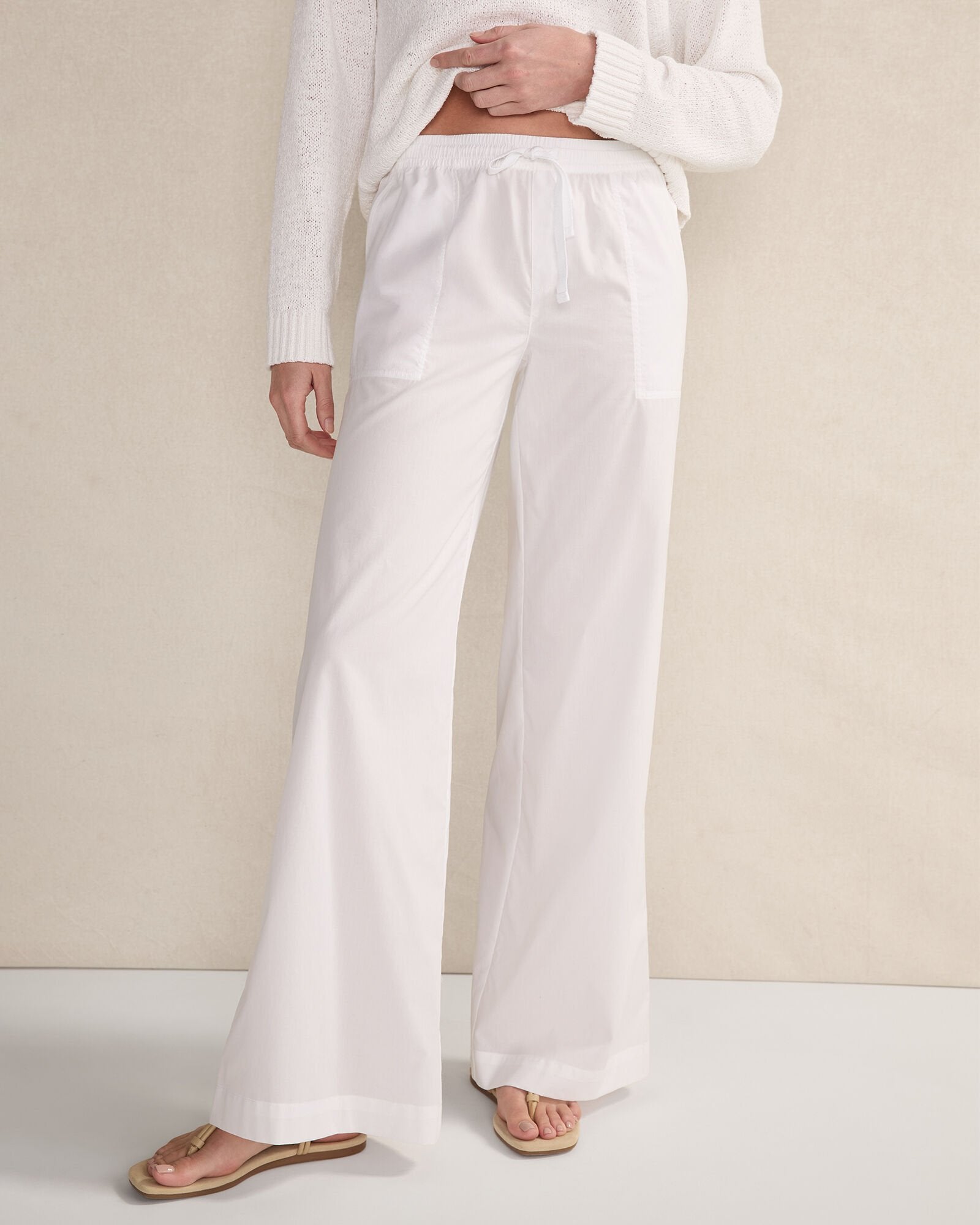 WHITE ORGANIC COTTON POPLIN WIDE LEG PANTS | Talbots discount