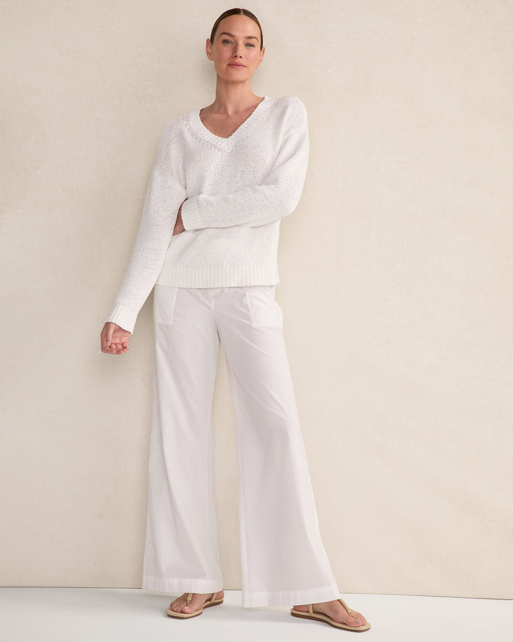 WHITE ORGANIC COTTON POPLIN WIDE LEG PANTS | Talbots discount