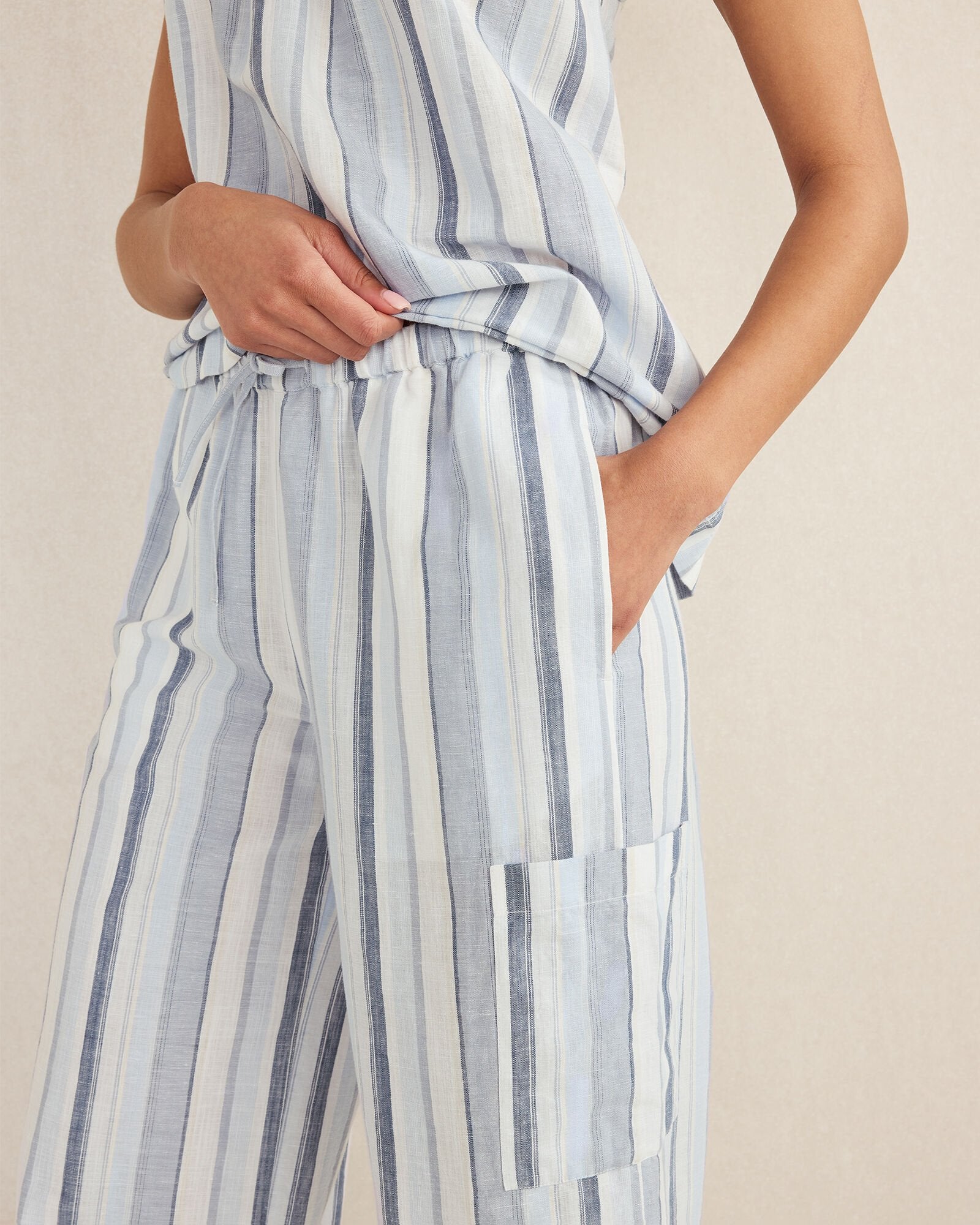 WIND MULTI ORGANIC COTTON LINEN COASTAL STRIPE CARGO SLEEP PANTS | Talbots on sale