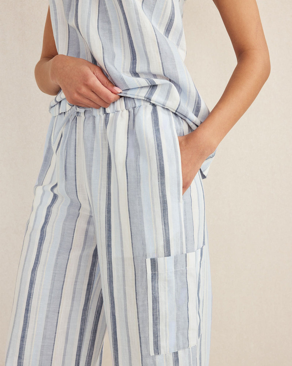 WIND MULTI ORGANIC COTTON LINEN COASTAL STRIPE CARGO SLEEP PANTS | Talbots on sale