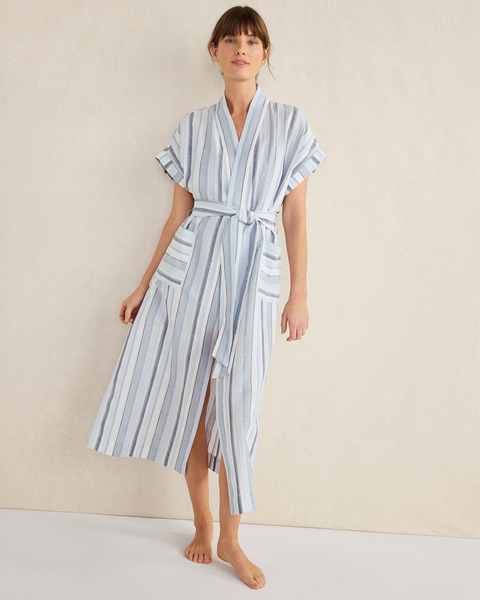 WIND MULTI ORGANIC COTTON LINEN COASTAL STRIPE ROBE | Talbots online